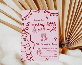 Editable A Merry Little Girls Night Invitation Template, Printable Pink Christmas Invite, Christmas Tree Party Invitation, Canva Template