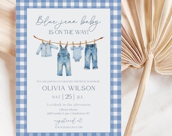 Invito per baby shower in jeans blu, invito per baby shower in denim, inviti per baby shower per maschietti in jeans blu, modello Canva, download digitale, BCT02