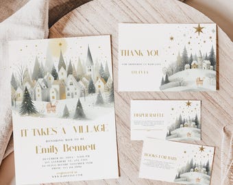 Op de afbeelding: Een set van vier witte papieren kaarten met een winterdorp-illustratie met gouden sterren, bomen en een kinderwagen. De tekst bevat IT TAKES A VILLAGE, HONORING MOM TO BE EMILY BENNETT, THANK YOU, DIAPER RAFFLE en BOOKS FOR BABY.