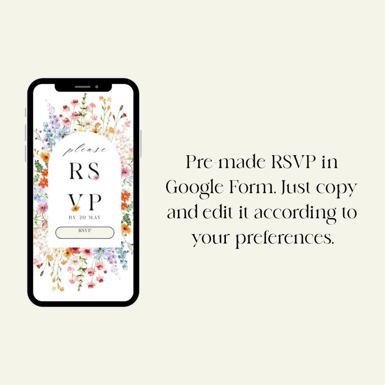 Pu&ograve; includere: Uno smartphone mostra un design floreale RSVP con il testo "please RS VP BY 20 MAY RSVP". L'immagine include il testo "Pre made RSVP in Google Form. Just copy and edit it according to your preferences."