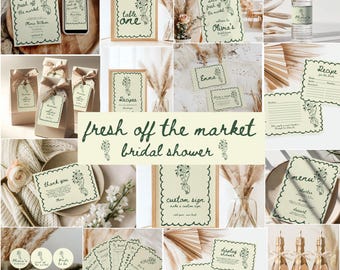 May include: A collection of bridal shower stationery and party supplies featuring a cream background, dark green scalloped edges, and a floral bouquet illustration. Items include invitations, menus, recipe cards, favor tags, and bottle labels.