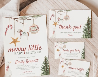 May include: A collection of baby shower stationery with a festive Christmas design. The main invitation announces a "merry little baby shower". Additional cards read "thank you", "books for baby", and "diaper raffle". Decorations include festive ornaments and a goose.