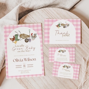 Locally Grown Baby girl  Shower Invitation Bundle, Farmers Market Theme, Editable Canva Template, Printable baby girl Invite Set