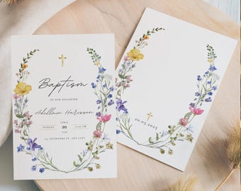 Wildflower Baptism Invitation Template, Girl Baptism Invitation, Christening Invite, Baptism Invitation, Girl Christening Invitation