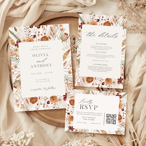 Autumn Wedding Invitation Suite Template, Fall Wedding Invite Set with QR RSVP, Wedding Details Card, Editable Canva Wedding Bundle