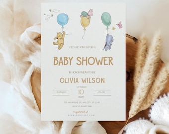 Winnie the Pooh Baby Shower Invitation, Winnie The Pooh Neutral Baby Shower Invite, Custom Baby Shower Invite, Canva, Evite, CT06