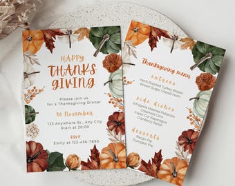 May include: Thanksgiving invitation and menu cards. The design features watercolour pumpkins, leaves, and floral elements in orange, green, and brown. The invitation includes the text "Happy Thanksgiving" and event details.