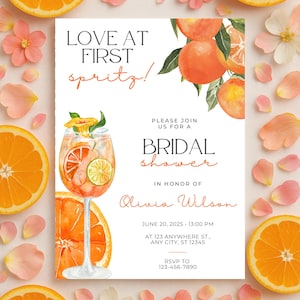 Love at First Spritz Bridal Shower Invitation, Citrus Floral Invite, Aperol Spritz Bridal Brunch Template