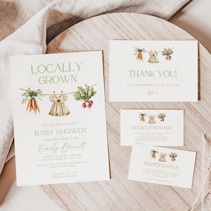 May include: A set of baby shower invitations and cards with a rustic, botanical theme. The main invitation reads "Locally Grown" and includes details for the event. Additional cards say "Thank You," "Books for Baby," and "Diaper Raffle."