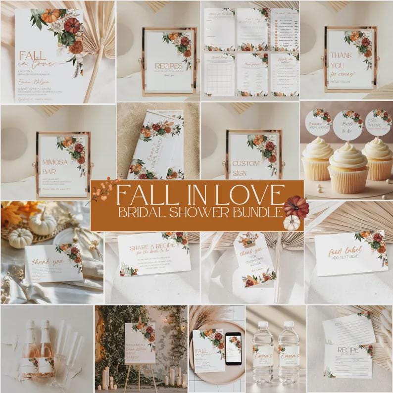 May include: A collection of fall-themed bridal shower stationery. The designs feature floral arrangements with pumpkins and fall foliage. The text "Fall in Love" and "Bridal Shower Bundle" are prominent. Includes signs, recipe cards, and labels.