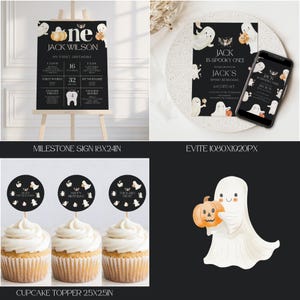 K&ouml;nnte beinhalten: Eine Sammlung von Partyzubeh&ouml;r zum Thema Halloween. Enth&auml;lt ein Meilensteinschild, eine Einladung, Cupcake-Topper und ein Telefon, das die Einladung anzeigt. Die Designs zeigen Geister, K&uuml;rbisse und Flederm&auml;use auf schwarzem Hintergrund.