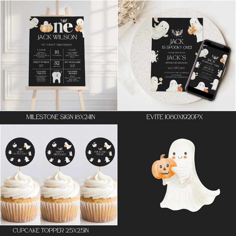K&ouml;nnte beinhalten: Eine Sammlung von Partyzubeh&ouml;r zum Thema Halloween. Enth&auml;lt ein Meilensteinschild, eine Einladung, Cupcake-Topper und ein Telefon, das die Einladung anzeigt. Die Designs zeigen Geister, K&uuml;rbisse und Flederm&auml;use auf schwarzem Hintergrund.