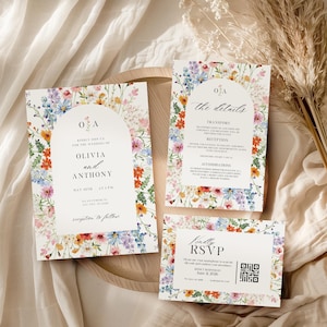 Editable Wildflower Wedding Invitation Suite, Wildflower Wedding Invite Template, Canva Template, Digital Download
