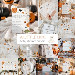 Könnte beinhalten: Ein Babyparty-Papeterie-Set im Halloween-Design mit Kürbissen, Geistern und Fledermäusen. Das Set enthält Einladungen, Spielkarten, Schilder, Menükarten, Wasserflaschenetiketten und Dankeskarten, die mit Aquarellillustrationen verziert sind.