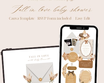 Puede incluir: Una plantilla de sitio web digital para baby shower mostrada en una tableta y un teléfono inteligente. El diseño presenta gráficos con temática otoñal, incluyendo calabazas, hojas secas y sobres con sellos de cera. El texto incluye "Fall in love with baby Bennett" y "You are invited! CLICK THE ENVELOPE TO OPEN" junto a detalles del formulario RSVP.