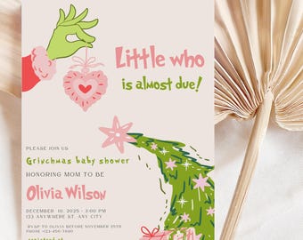 Invitación para baby shower de "A Little Who's Almost Begins", invitación para baby shower de Navidad, invitaciones para baby shower de "Grinchmas", baby shower navideño rosa