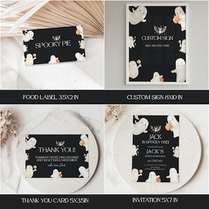 K&ouml;nnte beinhalten: Halloween-Themen-Papeterie-Set. Enth&auml;lt ein Lebensmitteletikett, ein individuelles Schild, eine Dankeskarte und eine Einladung. Jedes Element hat einen schwarzen Hintergrund mit Geister- und Fledermausillustrationen. Das Schild ist 20,3 x 25,4 cm gro&szlig;.