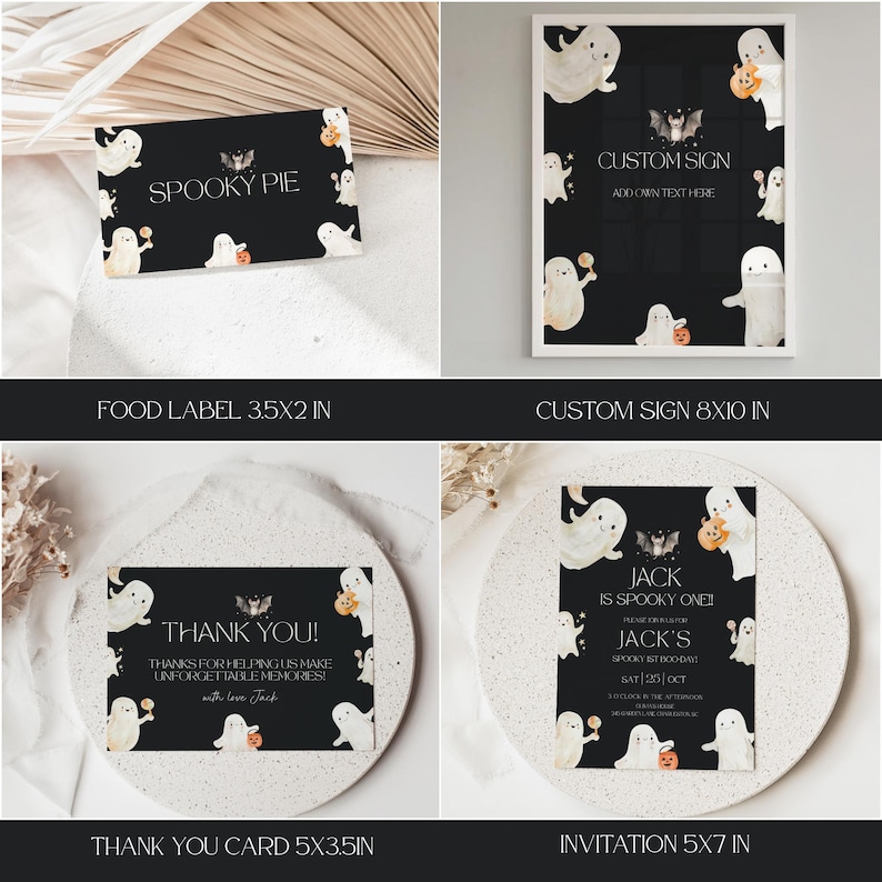 K&ouml;nnte beinhalten: Halloween-Themen-Papeterie-Set. Enth&auml;lt ein Lebensmitteletikett, ein individuelles Schild, eine Dankeskarte und eine Einladung. Jedes Element hat einen schwarzen Hintergrund mit Geister- und Fledermausillustrationen. Das Schild ist 20,3 x 25,4 cm gro&szlig;.