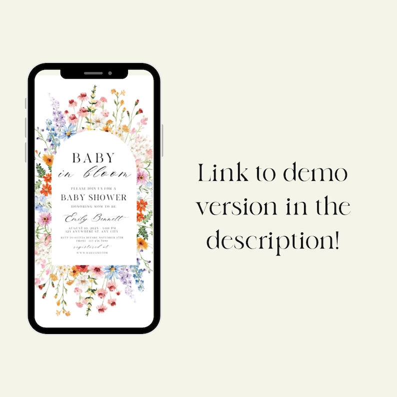 Pu&ograve; includere: Uno smartphone mostra un invito per un baby shower con elementi floreali. Il testo recita "Baby in Bloom" e include i dettagli dell'evento. L'immagine &egrave; circondata da fiori colorati e il testo "Link to demo version in the description!"