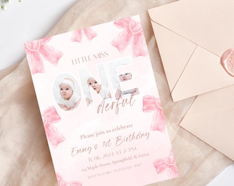 Coquette Pink Bow First Birthday Invitation - Little miss Onederful 1st Birthday Invitation with Picture - Editable Birthday invitation