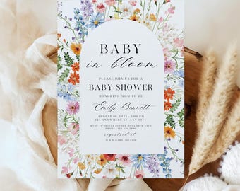 Modello di invito modificabile Baby In Bloom, invito per baby shower Baby In Bloom, baby shower a tema fiori di campo, modello Canva