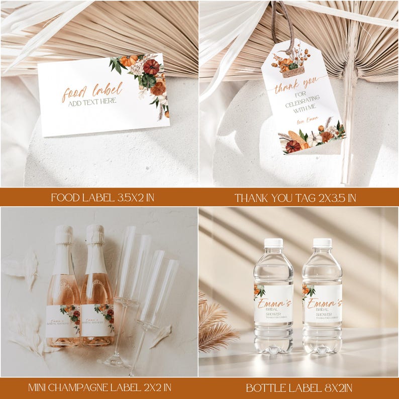 May include: A collection of event stationery featuring floral designs. Includes a food label, thank you tag, mini champagne label, and bottle label. The food label measures 3.5x2 inches, and the thank you tag is 2x3.5 inches.
