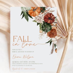 May include: A fall-themed bridal shower invitation with the text "FALL in love." The invitation features watercolor pumpkins in shades of orange, green, and brown, with floral accents. The invitation includes the name Emma Wilson, date, time, and location.