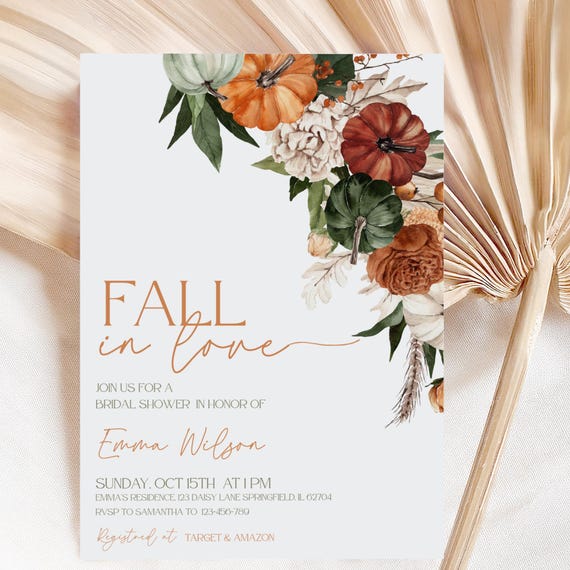 Fall in Love Bridal Shower Invitation, Fall Bridal Shower Invite, Autumn Bridal Shower, Pumpkin Bridal Shower Invitation, CT02, Canva, evite