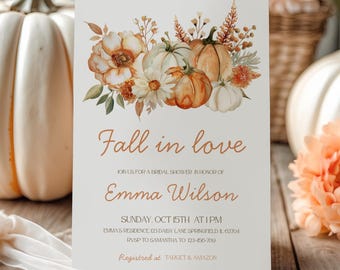 Fall in Love Bridal Shower Invitation Template, Editable Autumn Bridal Shower Invite, Autumn Pumpkin Floral Bridal Shower Template, CTB01