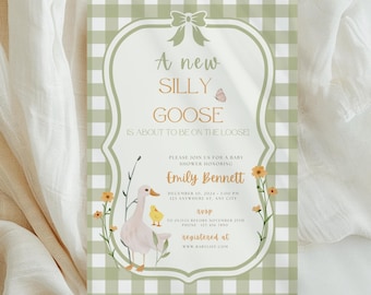 編集可能なSilly Gooseベビーシャワー招待状テンプレート、マザーグースとガチョウのベビーシャワー、性別を問わないベビーシャワー招待状、Evite