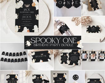 Spooky One First Birthday Party Bundle, Halloween Spooky One Invite, First Birthday Invitation, Birthday Party Decor, Canva Template, BPC01