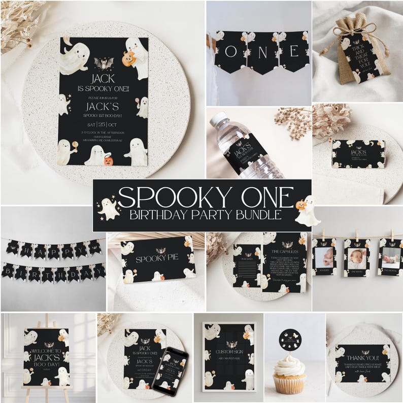 K&ouml;nnte beinhalten: Eine Sammlung von Partyzubeh&ouml;r zum Thema Halloween mit einem gruseligen Geisterdesign. Enth&auml;lt Einladungen, Banner und Etiketten. Der Text lautet "Spooky One Birthday Party Bundle" und "Jack is Spooky One!" in einer verspielten Schriftart. Das Farbschema ist Schwarz, Wei&szlig; und Orange.