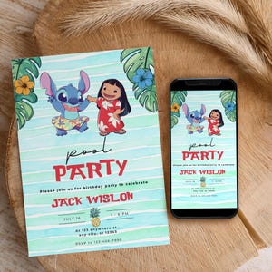 Editable Stitch Birthday Invitation Template, Luau Invitation,  Printable Birthday Party Invitations, Digital Kids Party Invite, Printable