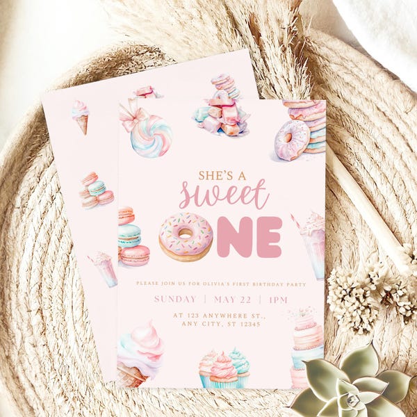 Invitación para el primer cumpleaños de una niña, plantilla editable, plantilla de Canva