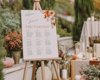 Letrero de plano de asientos para boda de otoño, plantilla de plano de asientos, plano de asientos para boda de otoño, letrero de asientos imprimible, plantilla de Canva, CTW02
