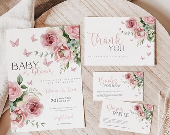 May include: A set of baby shower stationery with a floral theme. The invitation reads "Baby in Bloom" with pink roses and butterflies. Includes thank you, book request, and diaper raffle cards.