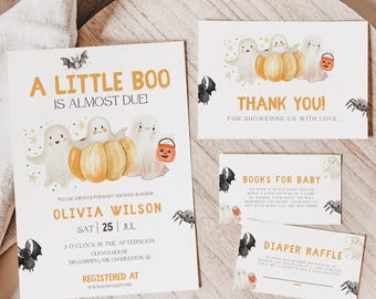 May include: A set of Halloween-themed baby shower stationery. The invitation reads "A Little Boo is Almost Due!" with illustrations of ghosts and a pumpkin. Other cards include "Thank You!" and "Books for Baby."