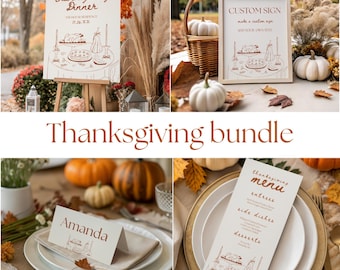 May include: Thanksgiving-themed bundle featuring a welcome sign, custom sign, place cards, and menu. The signs and cards have a line drawing of a Thanksgiving dinner. Pumpkins, fall leaves, and floral arrangements add to the autumn aesthetic.