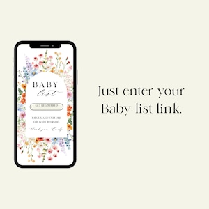 Pu&ograve; includere: Uno smartphone mostra un'interfaccia di lista nascita con decorazioni floreali. Lo schermo presenta le parole "BABY list" e invita gli utenti a registrarsi. &Egrave; visibile anche il testo "Just enter your Baby list link".