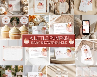 May include: A collection of baby shower stationery with a fall theme. The designs feature watercolor pumpkins and floral arrangements in shades of orange, red, and cream. The text "A Little Pumpkin Baby Shower Bundle" is visible.