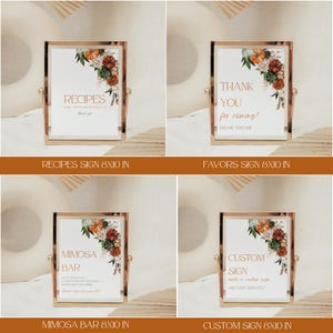 May include: Four framed signs with gold-colored frames. The signs have white backgrounds with text and floral arrangements in the upper right corner. The signs read "Recipes", "Thank You for coming!", "Mimosa Bar", and "Custom Sign". Each sign is 8x10 inches.