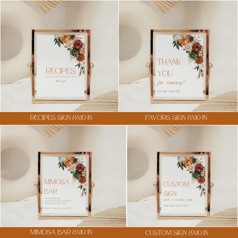 May include: Four framed signs with gold-colored frames. The signs have white backgrounds with text and floral arrangements in the upper right corner. The signs read "Recipes", "Thank You for coming!", "Mimosa Bar", and "Custom Sign". Each sign is 8x10 inches.