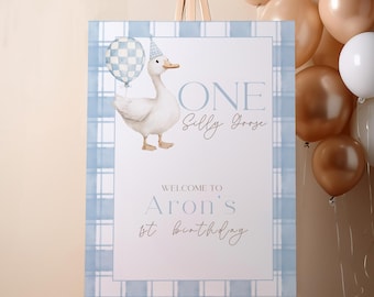 One Silly Goose First Birthday Welcome Sign Template , Editable Boy Birthday Welcome Sign, Silly Goose Party Decor, Printable Welcome Sign