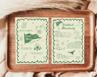 Invitación para despedida de soltera en un campamento, plantilla de invitación para despedida de soltera, invitación electrónica editable para despedida de soltera, invitación para viaje de chicas, plantilla de Canva