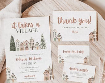 May include: A set of printed baby shower invitation cards featuring watercolor illustrations of houses and pine trees. The text includes 'it takes a village', 'thank you', 'books for baby', and 'diaper raffle' in a mix of script and serif fonts.