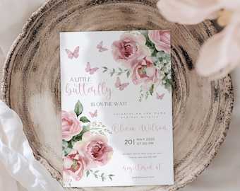 Een kleine vlinder is onderweg Uitnodiging babyshower, uitnodiging babyshower vlinder, uitnodiging babyshower vlinder, afdrukbare vlinderuitnodiging, babymeisje
