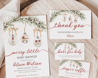 May include: Baby shower stationery set with a festive design. The invitation reads "merry little baby shower" with the name Olivia Wilson. Other cards say "thank you", "books for baby", and "diaper raffle". The design includes watercolor ornaments and greenery.