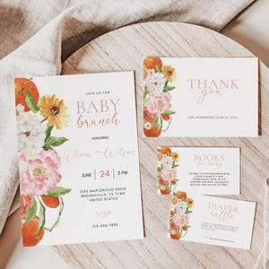 Baby Brunch Invitation Bundle, Editable Orange Theme Template, Printable Baby Shower Decor Set