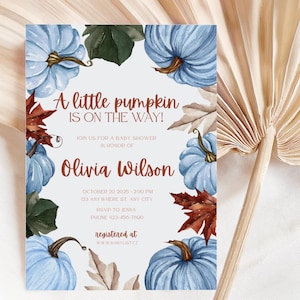 Blue Pumpkin Baby Shower Boy invitation, Little Pumpkin Baby Shower Invite, Fall Baby Shower Invite, Baby Shower Invitation Template, BCT03