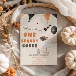 Editable Spooky Goose Baby Shower Invitation ,Silly Goose birthday, One Silly Goose, halloween birthday party invitation, Evite, Canva